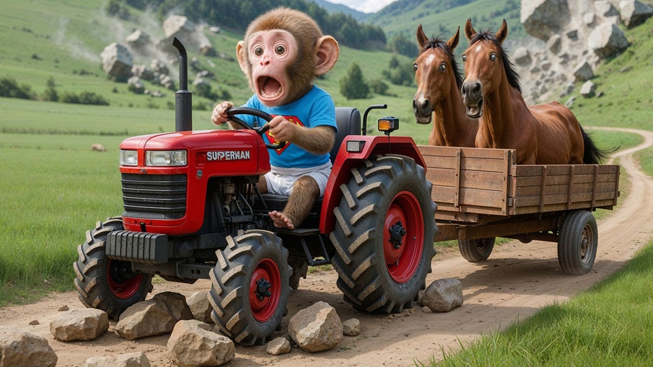 Monkey iZi Drives Tractor Through Flood to Rescue an Injured Horse & Fix Damaged Road! 🚜🌧️🐴