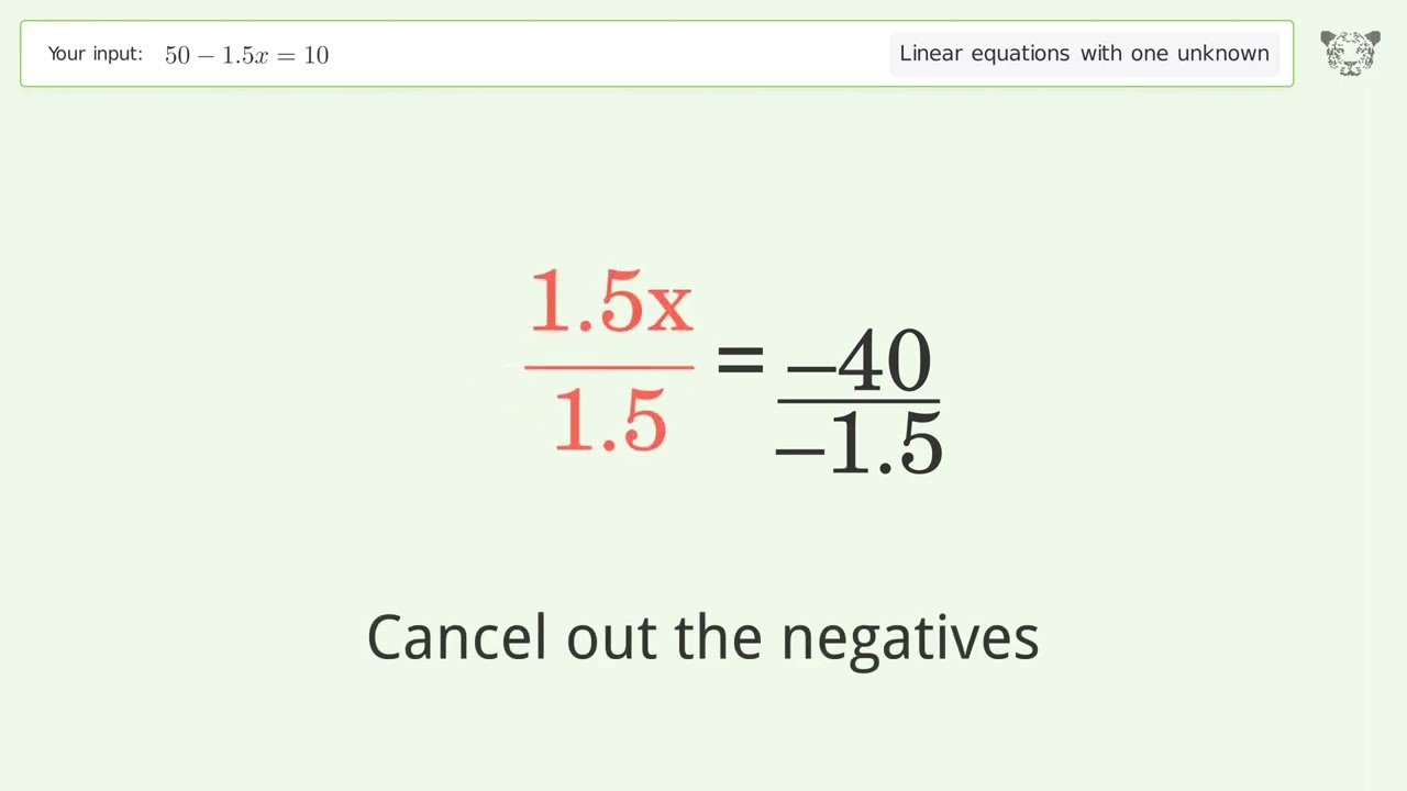 Linear equation with one unknown: Solve 50-1.5x=10 step-by-step solution