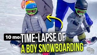 Time-Lapse of a Talented Baby Snowboarding, Supervised and Supported, as He Grows Up
