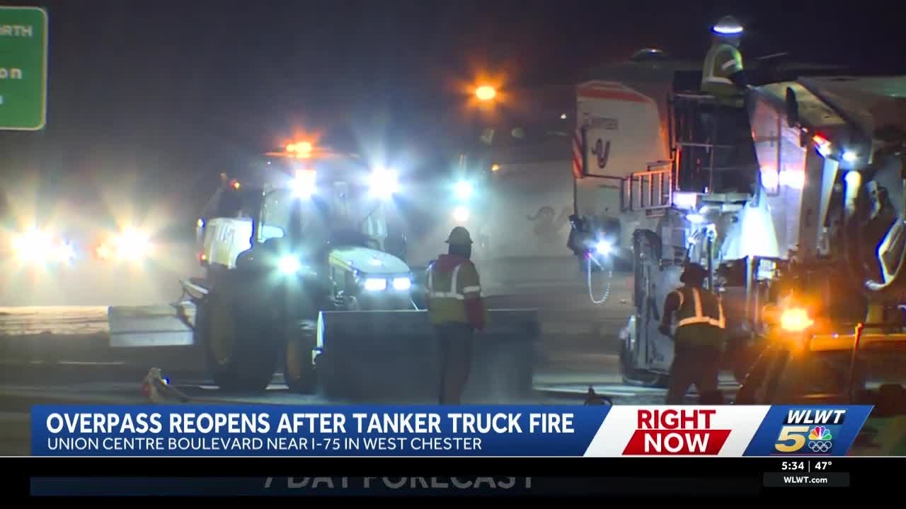 All lanes on overpass at I-75 reopened after tanker truck fire - YouTube