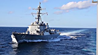 USS Gerald R. Ford Underway Replenishment at Sea with USS Bainbridge DDG 96 | Atlantic Ocean