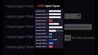 HTML Input types || #html #html5 #htmltutorial #htmlcss  #css #coding #coderslife #shortvideo #