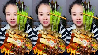 Yummy Spicy Food Mukbang, Braised Pork Ribs With Eggs, Fried Fish And Green Vegetables #food #asmr