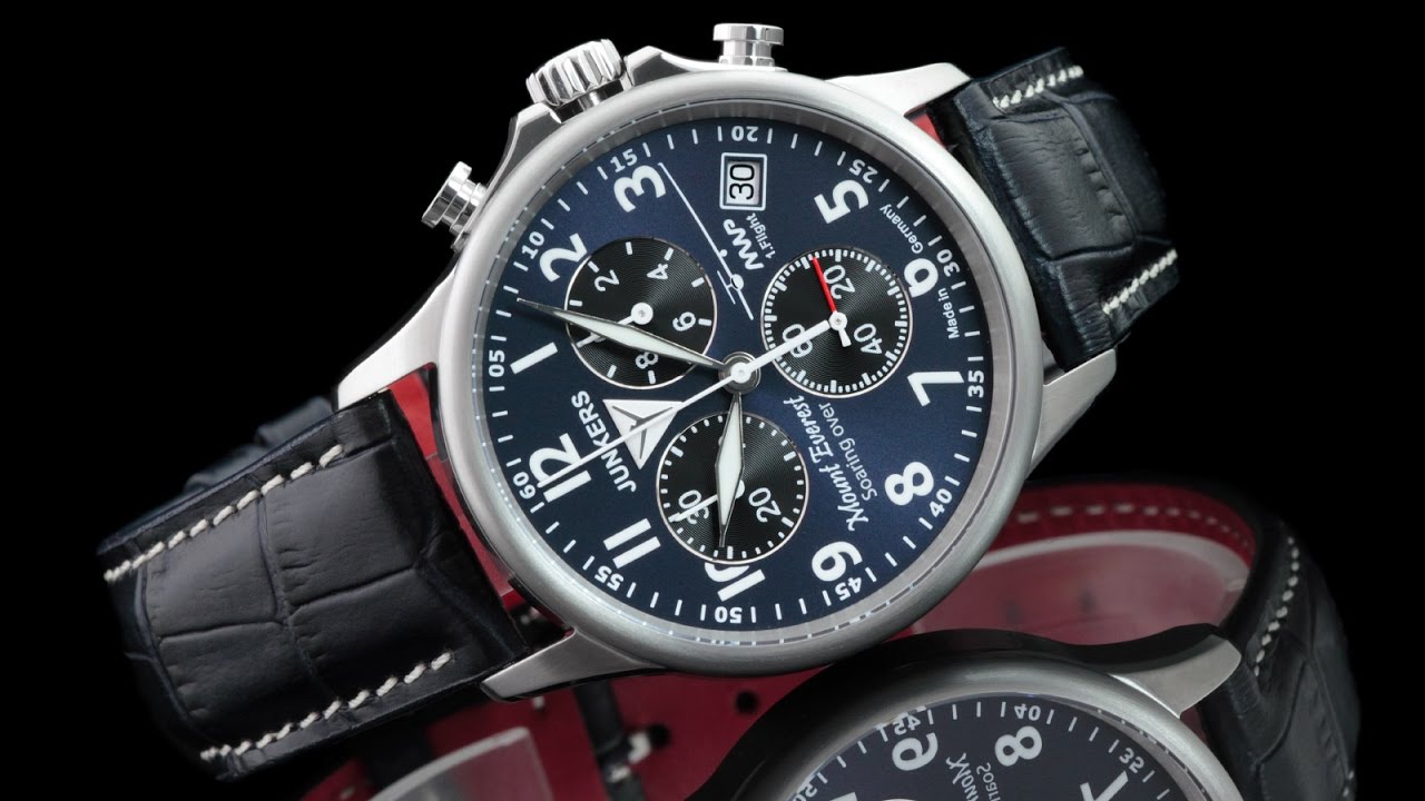 Junkers 6894-3 Mount Everest 40mm Blue Dial Quartz Chronograph Leather Strap Watch invicta bag