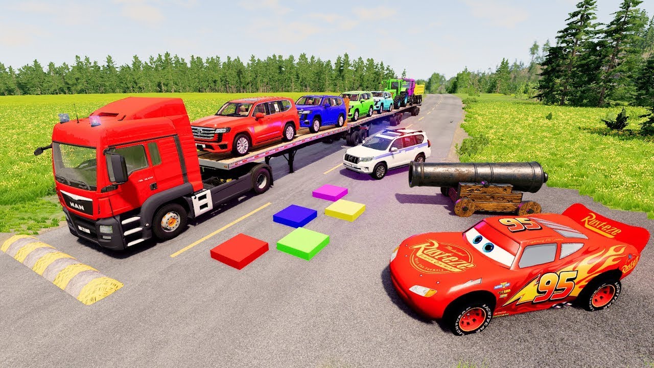 Flatbed Trailer McQueen Transportation with Truck - Speedbumps vs Cars vs Train - BeamNG.Drive #2