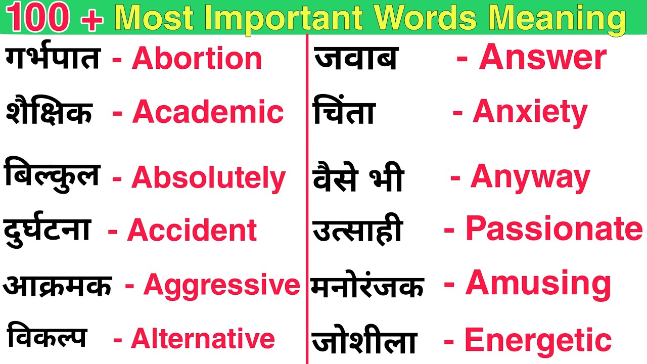 100 + Most Important Words Meaning Hindi to English रोजाना बोले
