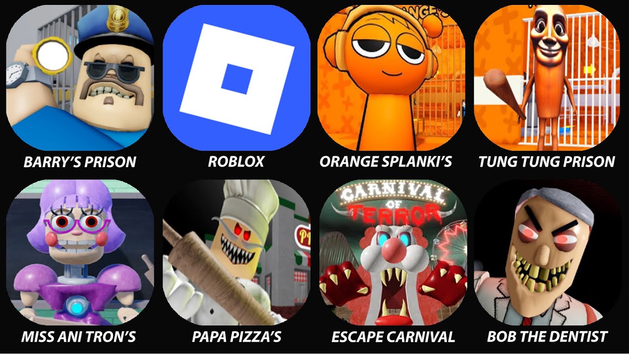 SIREN COP'S PRISON!,Papa Pizza's Pizzeria!,GREAT SCHOOL,Roblox,EVIL GRANDMA!,BARRY'S PRISON RUN