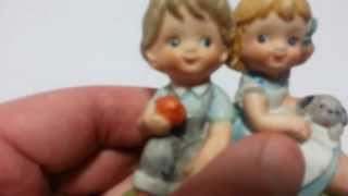 Haind Painted Lefton China - Boy eating an apple with girl holding a puppy