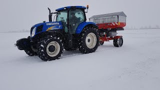 Вносим селитру по снегу в метель на озимую пшеницу. New Holland T6090 vs Kverneland