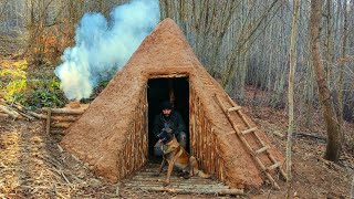 Building a Hunter Hut with a Fireplace  Bushcraft Shelter from Wood and Clay (Part:1)