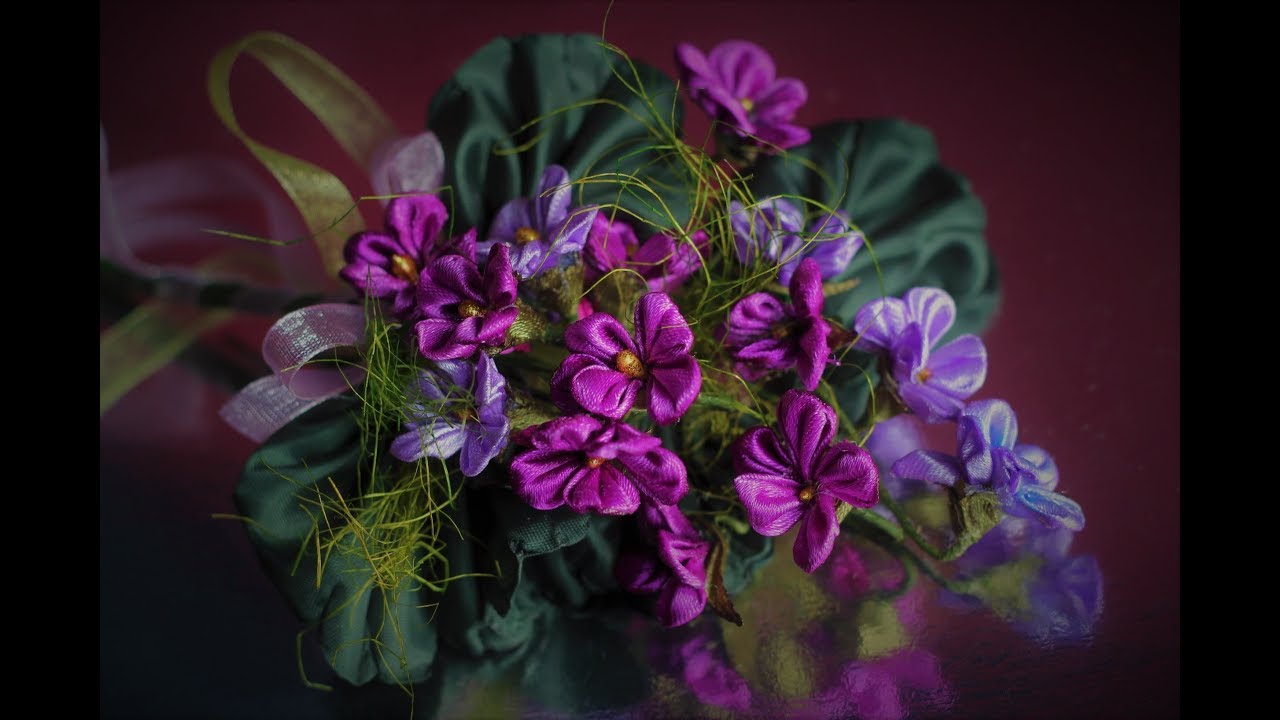 Цветок ФИАЛКИ из лент, КАНЗАШИ, мастер класс / Ribbon Flower Kanzashi ...