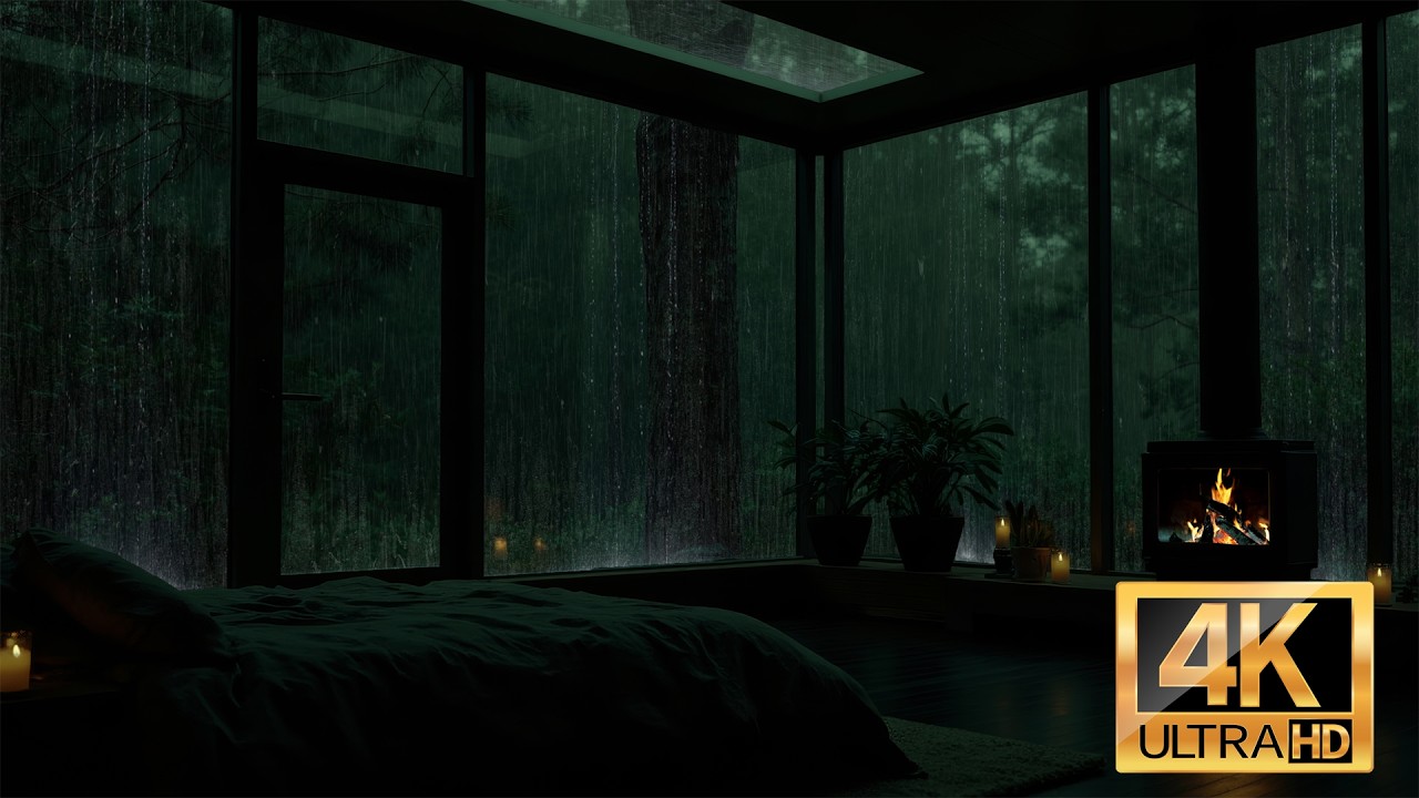 SLEEP IN 5 MINUTES (No Ads) 💤 4K Ambience 🌧️ Soft Forest Rain & Distant Thunder 🔥 Warm Glass Cabin