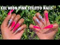 XXL Neon Pink Nails | Bling Application | Enailcouture Extreme Stiletto | No Acrylic Nails At Home