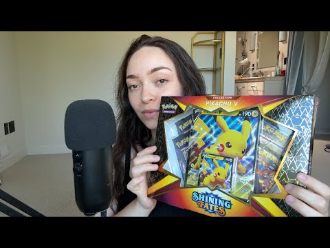 ASMR Pokemon Pikachu V Shining Fates Pack Opening on Blue Yeti Mic