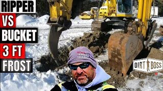 Comparing Frost Ripper VS Digging bucket on a Excavator cutting through frozen ground