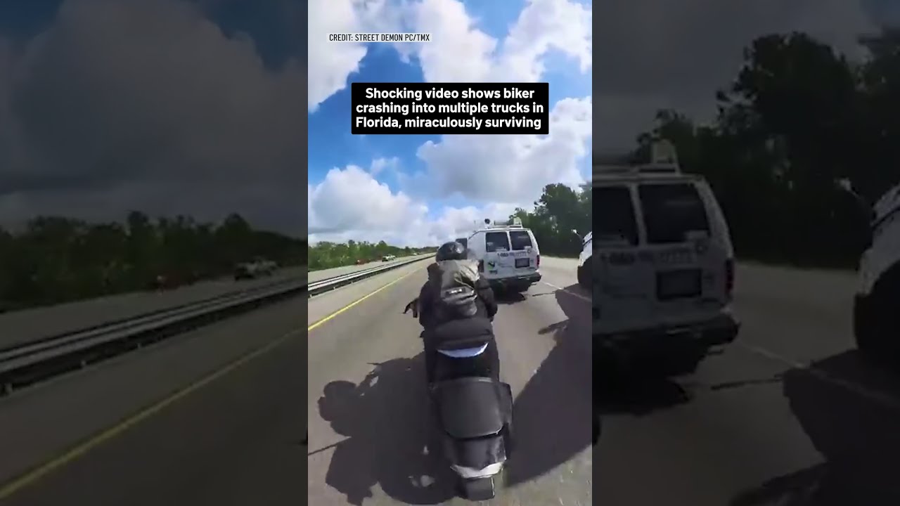 Shocking video shows biker crashing into multiple trucks in Florida, miraculously surviving