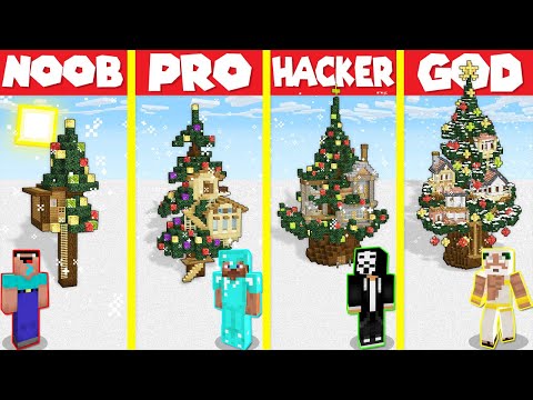 Download Minecraft Battle: SPRUCE TREE BASE HOUSE BUILD CHALLENGE - NOOB vs PRO vs HACKER vs GOD / Animation