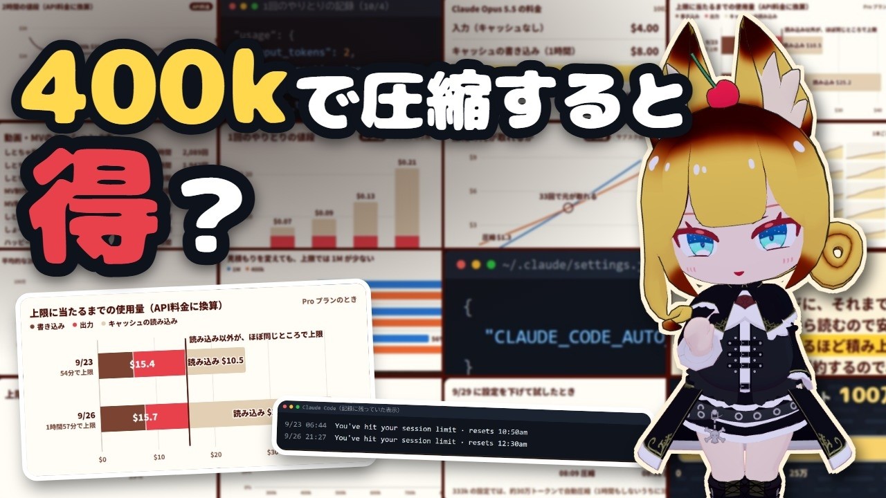 Claude Codeの自動圧縮、400kにすると得なの!? 自分の記録88時間ぶんで確かめてみた【Opus 5.5】