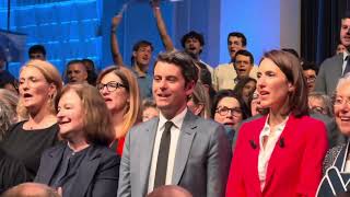 Meeting campagne élections européennes Besoin d’Europe Valérie Hayer, Gabriel Attal la fin, hymnes