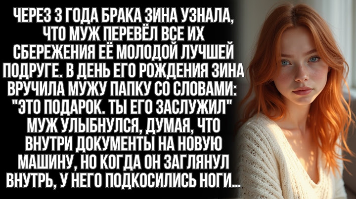 Через 3 года брака Зина узнала, что муж перевёл все их сбережения её молодой лучшей подруге. Но она…