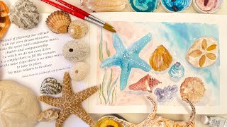 How to Paint a Starfish, Shells and Seashore - easy full tutorial in real time - loose watercolors