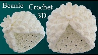 Gorro a Crochet punto marshmallow y flor 3D en punto tunecino tejido tallermanualperu