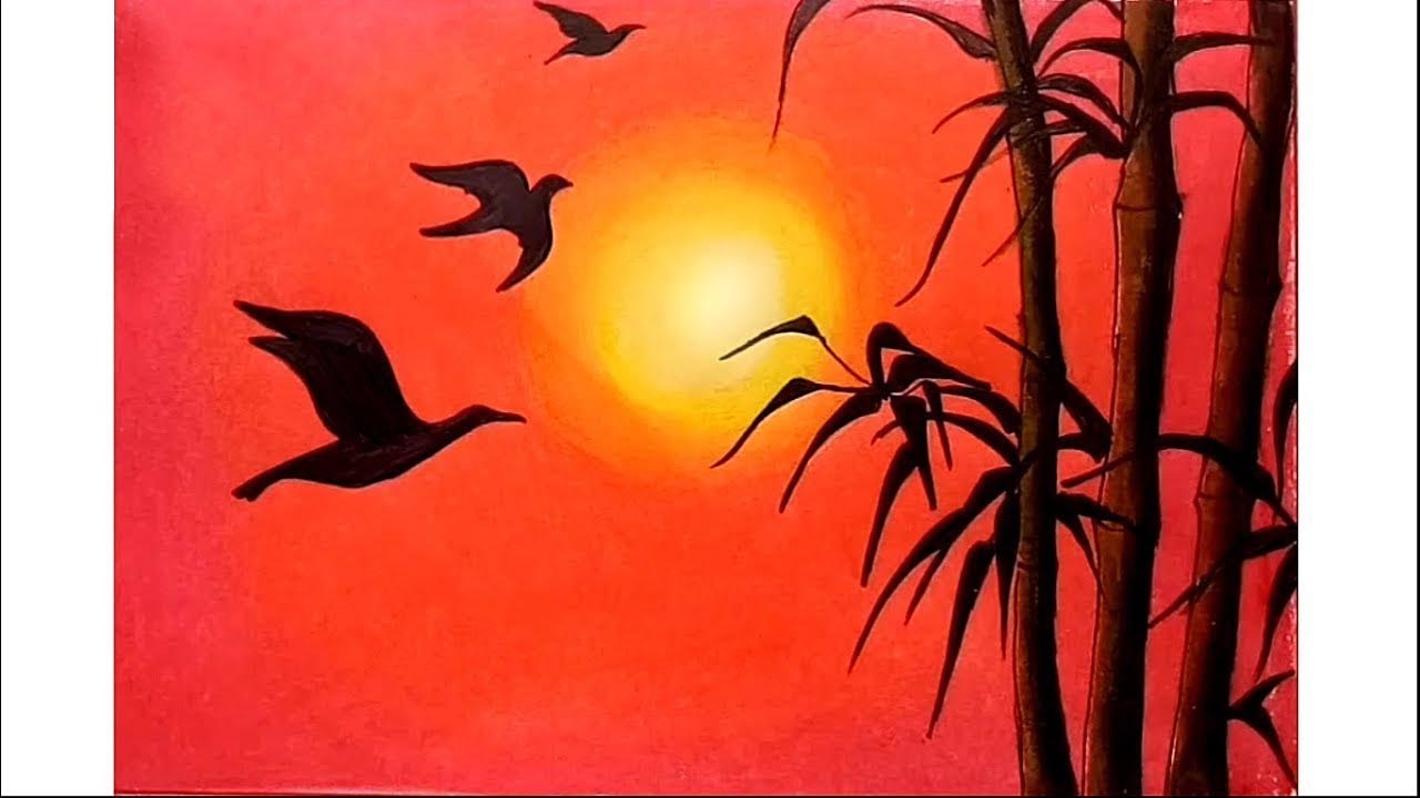How To Draw Scenery Of Red Sunset With Oil Pastels Step By Step