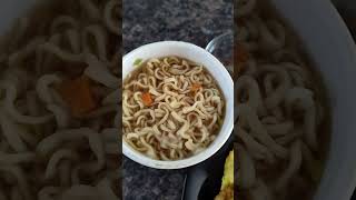 Coffee,Chicken cup noodles, java rice with dried fish and egg omelette.