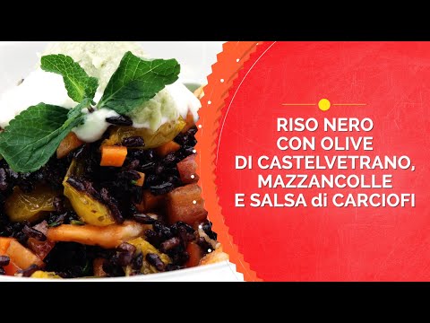 Riso nero con olive di Castelvetrano mazzancolle e salsa di carciofi