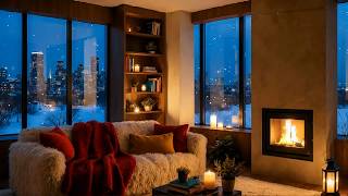 Relaxing Winter Jazz by the Fireplace in Cozy Cabins with Snowfall Views for Calm Nights