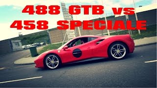 Ferrari 458 speciale, propably the last naturally aspirated v8 road
car to roll out of maranello, vs all new 488 gtb, first turbocharged
since...