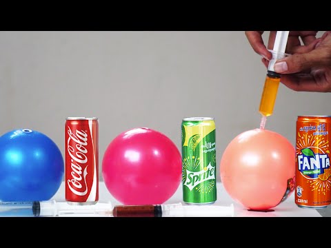 Experiment: Coca Cola, Sprite, Fanta vs Mentos Liquid vs Balloons