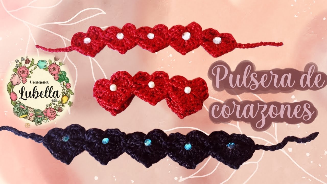 Como hacer una pulsera a crochet de corazones