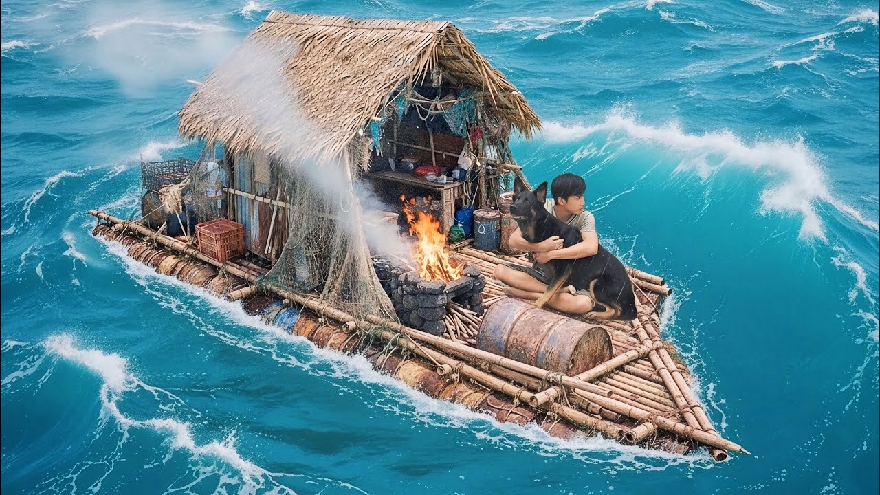 20 Days Building a Trash Raft & Ocean Shelter With My Dog (Full ) | Catching & Cooking Seafood