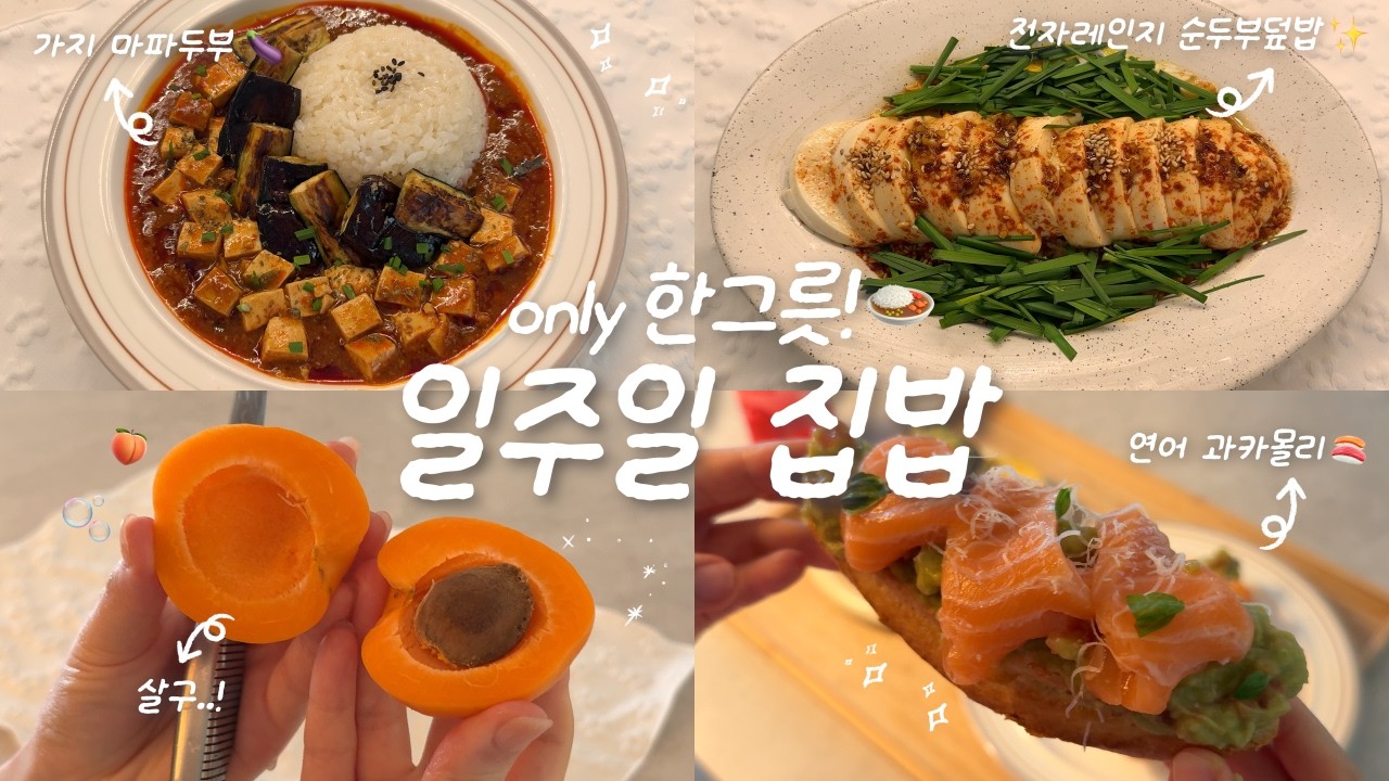 더위에 맞서(지 않고 쉽게 가는)🏄🏻‍♀️✨1인 가구의 한그릇 집밥 브이로그🍙🏠ㅣ전자레인지 순두부덮밥🫧ㅣ연어깍두기 과카몰리🥑🍅ㅣ가지 마파두부🍆