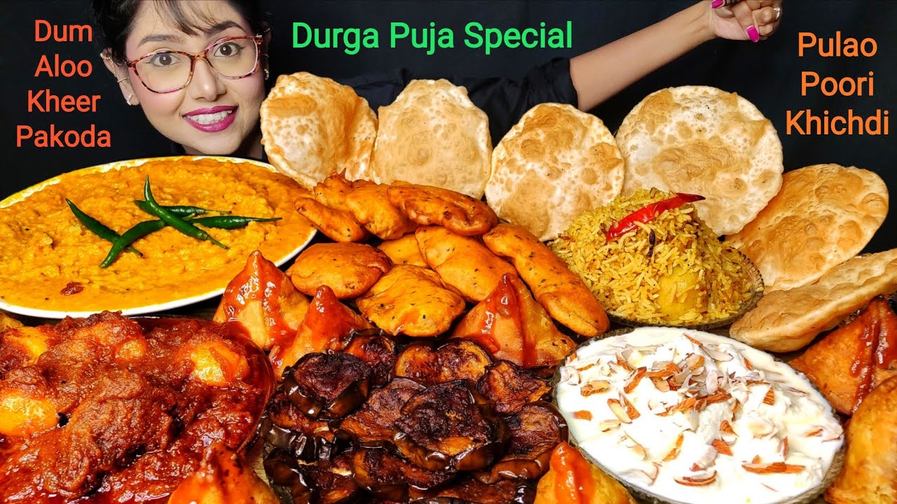 Eating Poori, Dum Aloo, Bhaji , Kheer, Khichdi, Samosa, Pulao | Big bites | Asmr Eating | Mukbang