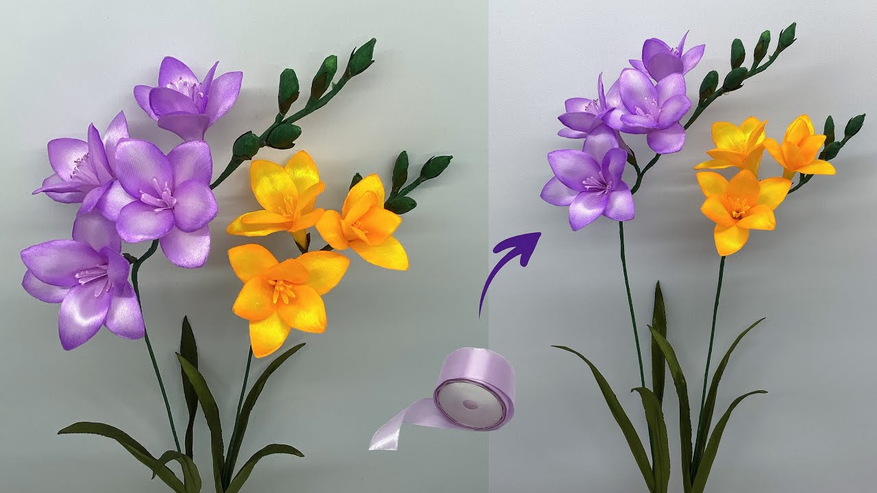 Сделай сам | Как сделать цветы фрезии из атласной ленты | Цветы из атласной ленты Легко