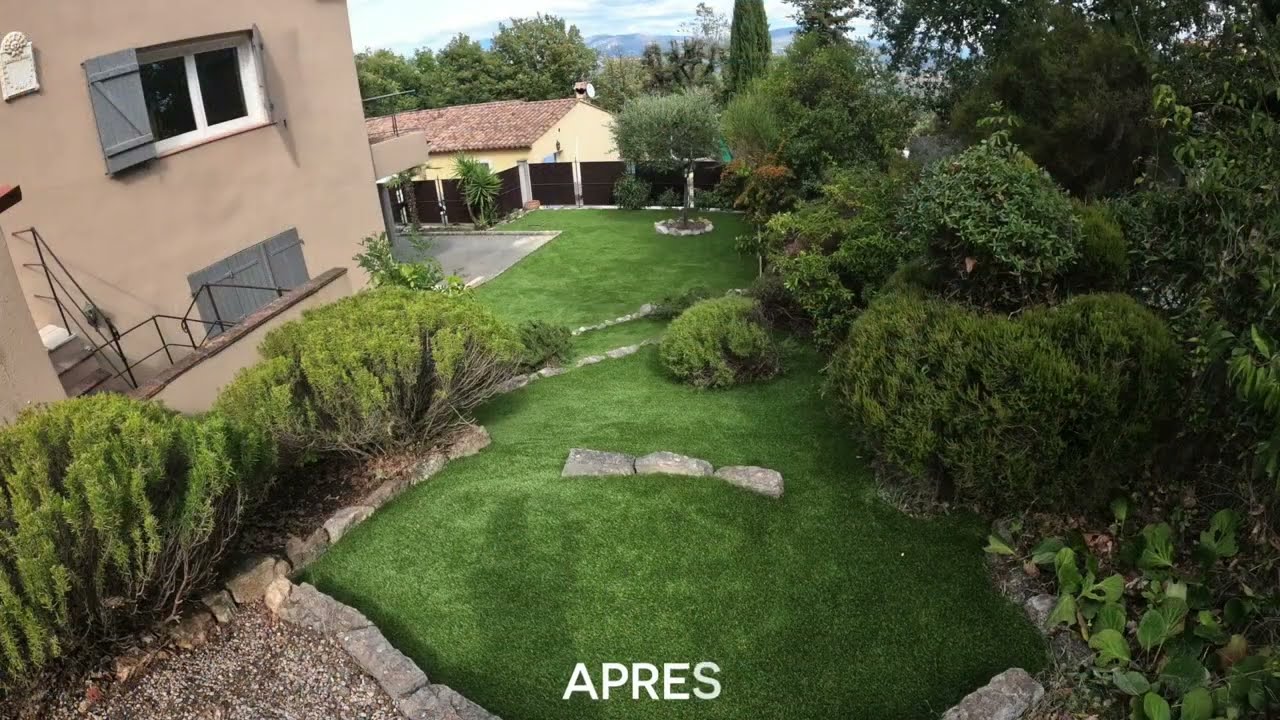 Mise en place de 170m² de gazon artificiel 40mm aux brins verts et jaunes à La Gaude près de Nice
