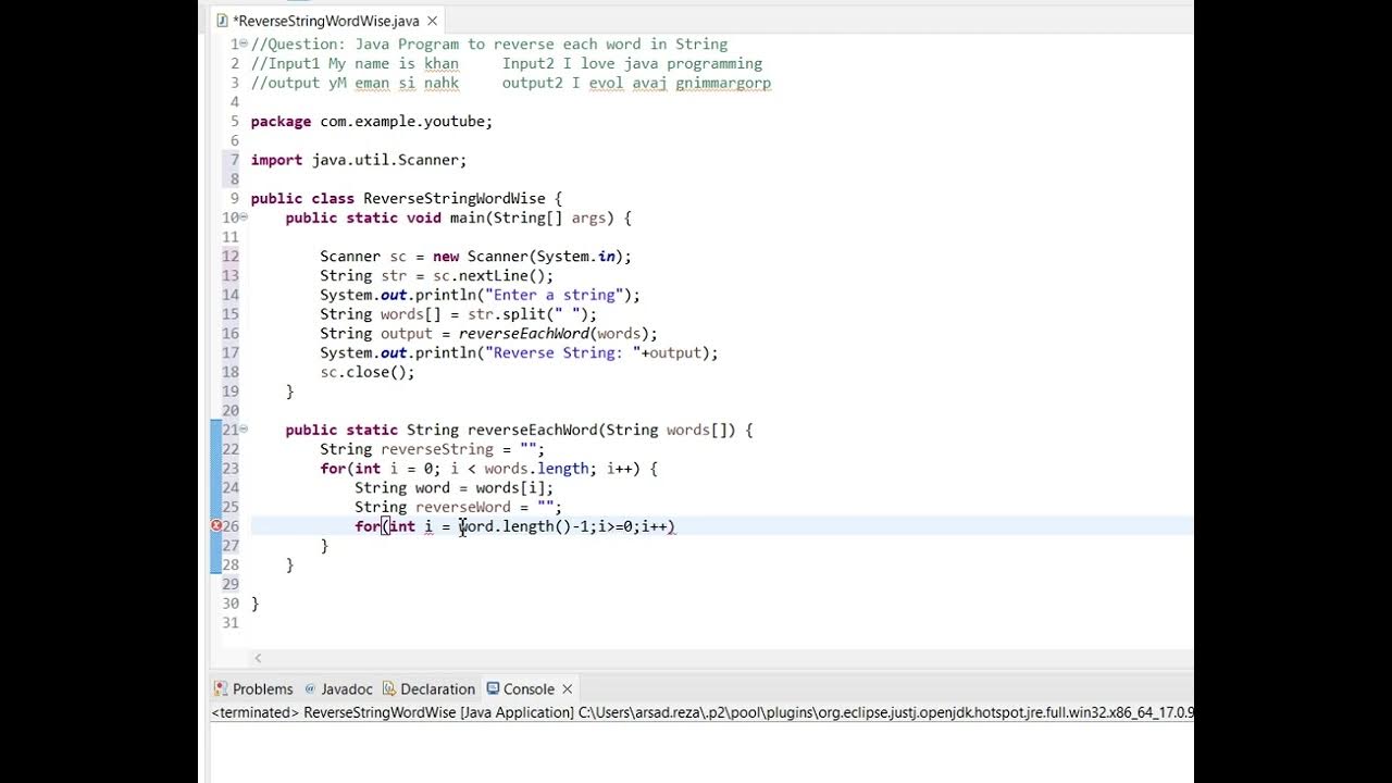 Java program to reverse each word in string input my name is khan