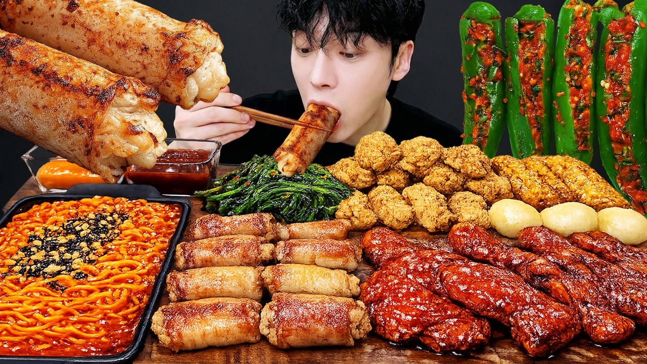 ASMR MUKBANG | 치즈 불닭볶음면 & 대왕 통대창 황금올리브 자메이카치킨 먹방 & 레시피 FIRE NOODLES AND Chicken EATING