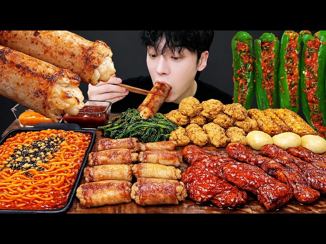 ASMR MUKBANG | 치즈 불닭볶음면 & 대왕 통대창 황금올리브 자메이카치킨 먹방 & 레시피 FIRE NOODLES AND Chicken EATING