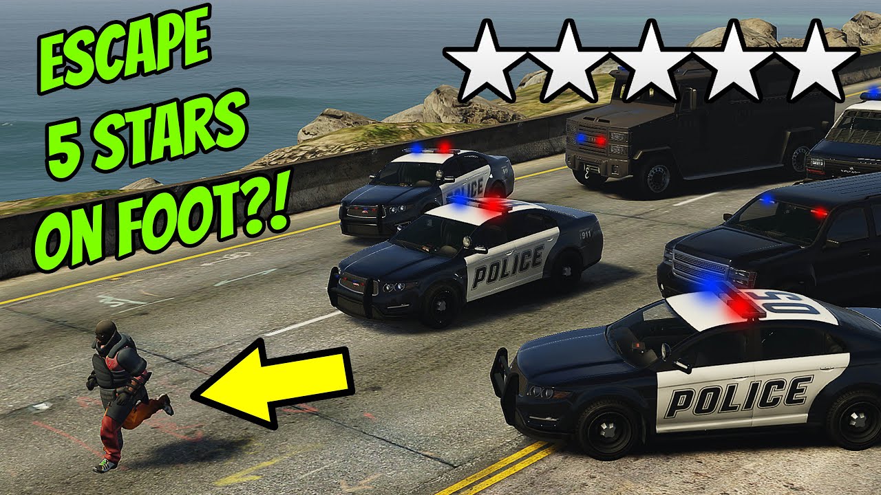 TRYING TO ESCAPE A 5 STAR WANTED LEVEL ON FOOT!! | GTA 5 Online - YouTube