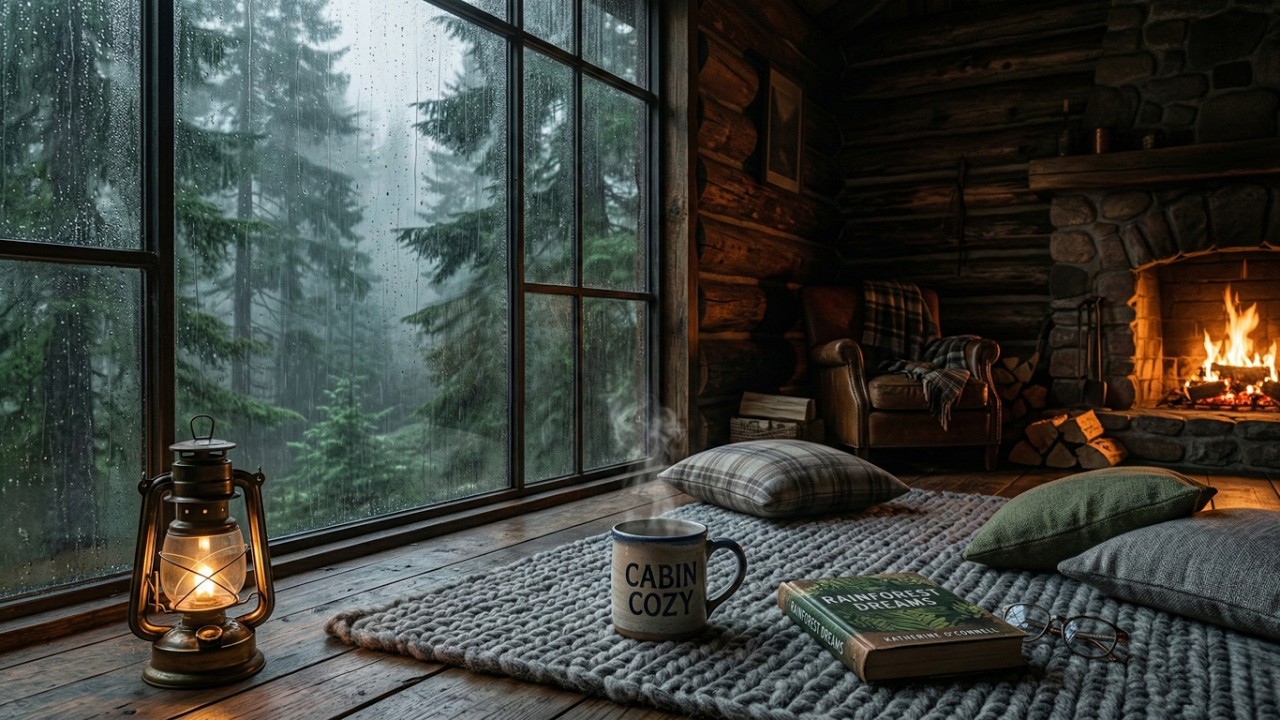 🌧️A soothing rainy night and a warm fireplace help you drift off to sleep #Relax