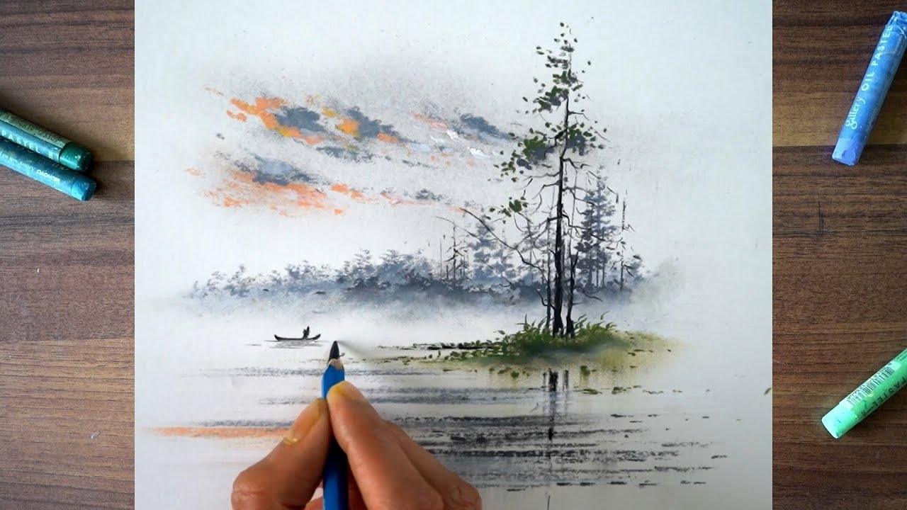 Beautiful & simple evening landscape drawing using oil pastels - for ...