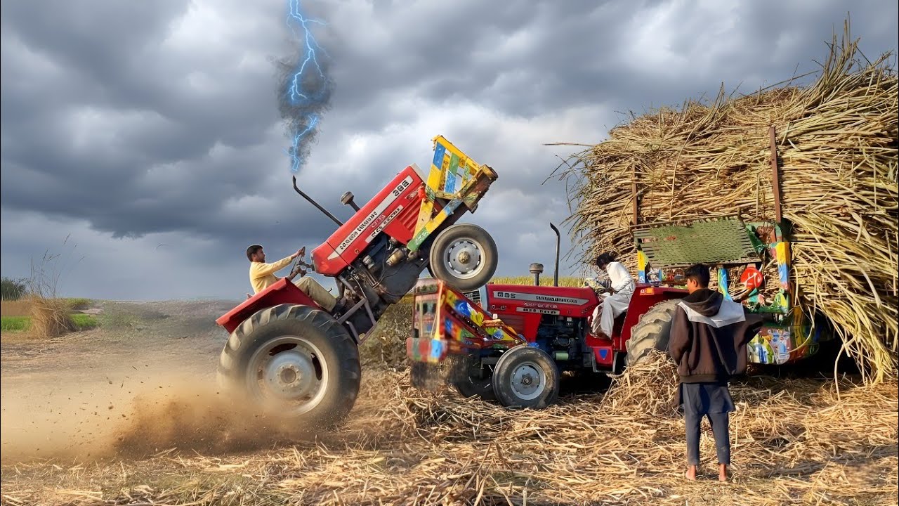 Massey Ferguson 385 tractor unbelievable power stunts | Sugarcane trolley pulling 