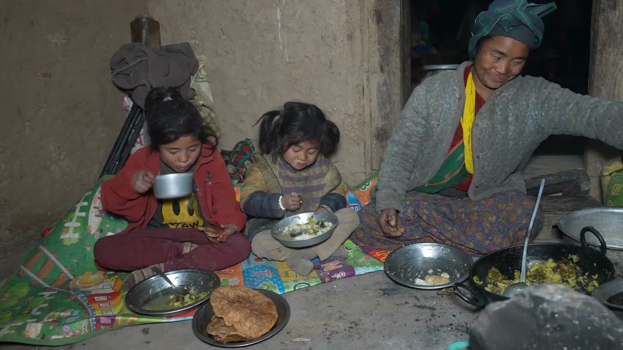 Village family are really happy to eat new type of food recipe within village kitchen
