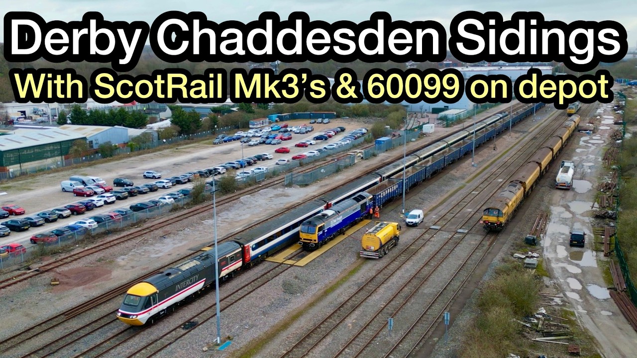 43025/43060, ScotRail Mk3's & 60099 at Chaddesden Curve & Sidings with 360° AERIAL Views of Yard!