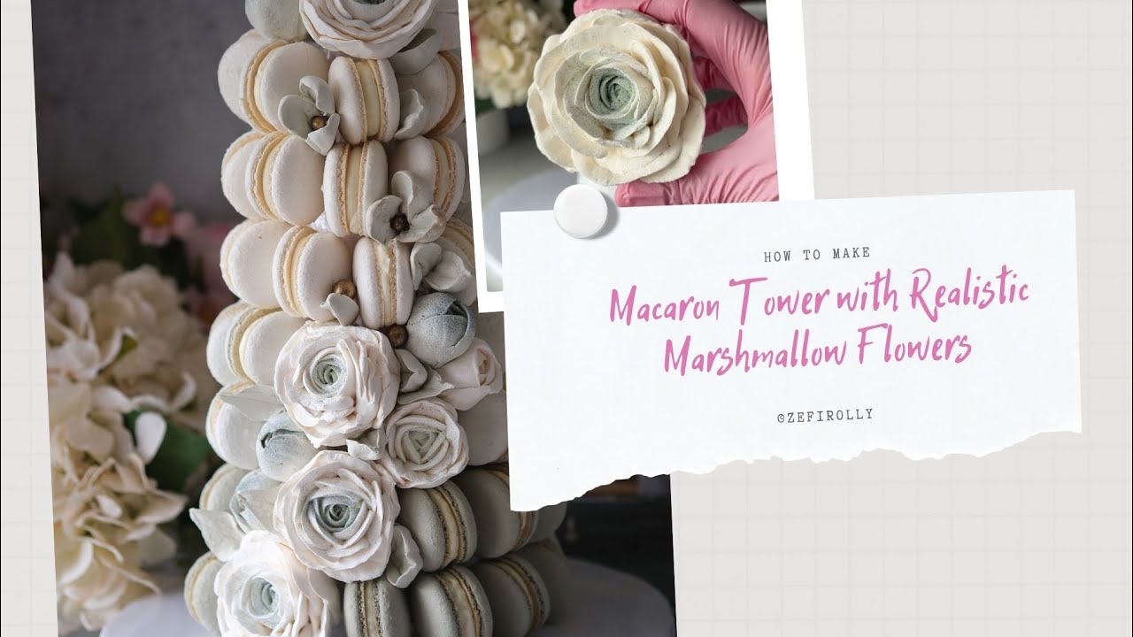 Macaron Tower with Realistic Marshmallow Flowers – Wedding Dessert Idea!