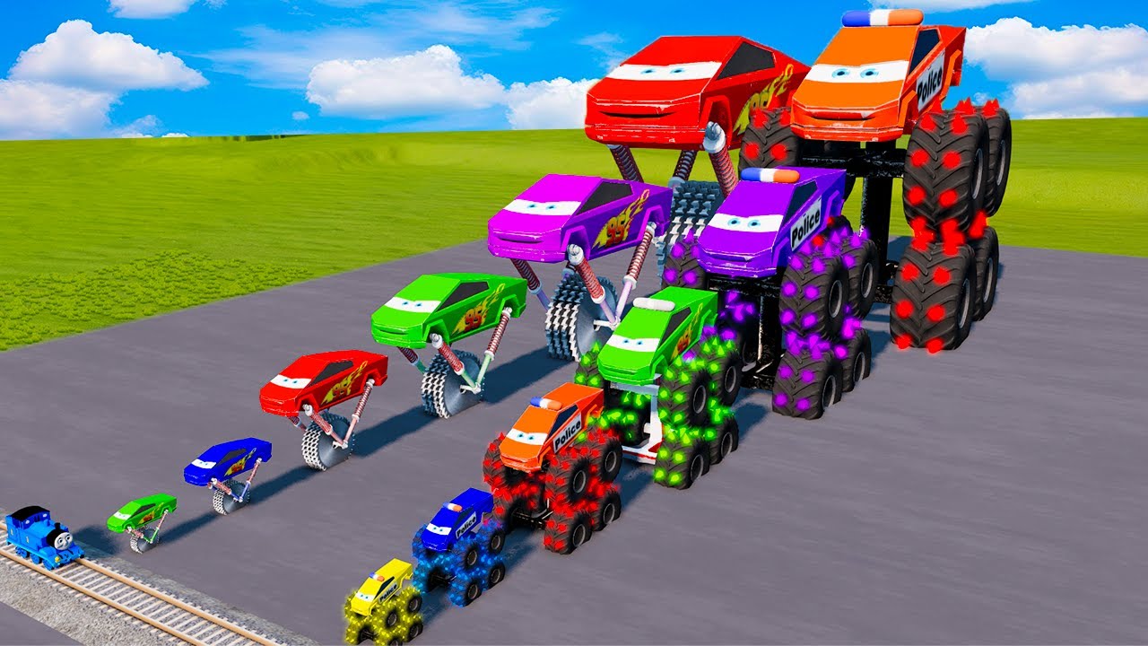 Big & Small McQueen Tesla One Saw Wheels vs Police Cyber Lightning McQueen vs Trains | BeamNG.Drive