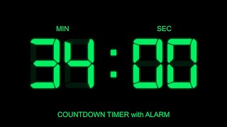 34 Minute Countdown Timer with Alarm on Start and Finish time , glowing Digital Clock Timer Free!